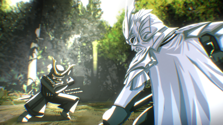 White-armored Dueling Grounds swordsman facing a samurai in a forest arena