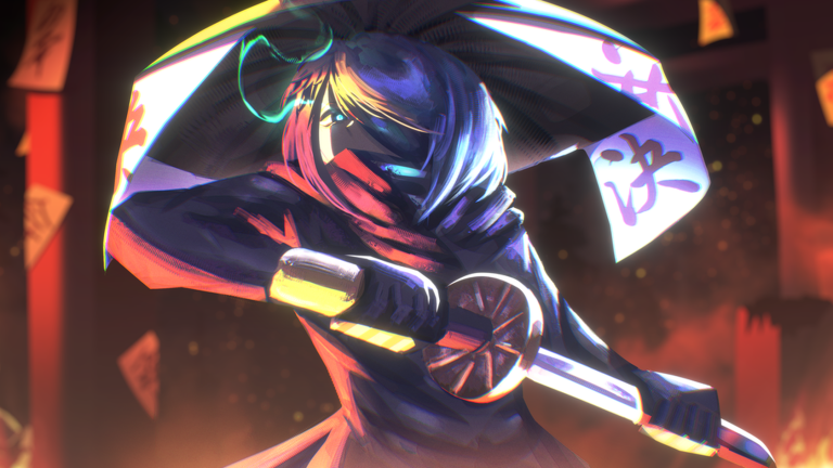 Masked Dueling Grounds duelist holding a katana under paper charms