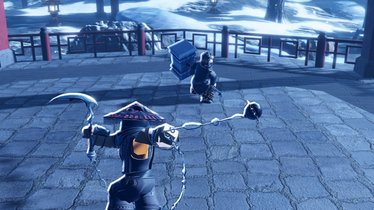 Dueling Grounds players fighting in a snowy courtyard arena