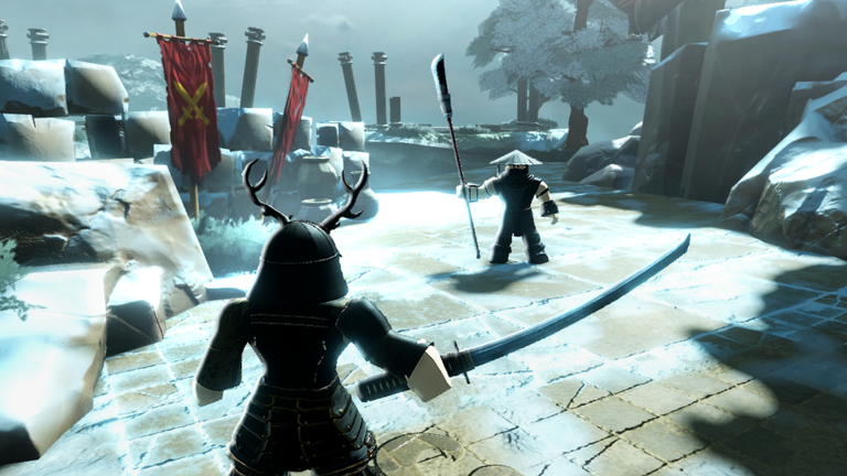 Dueling Grounds fight in a snow-covered shrine arena at night