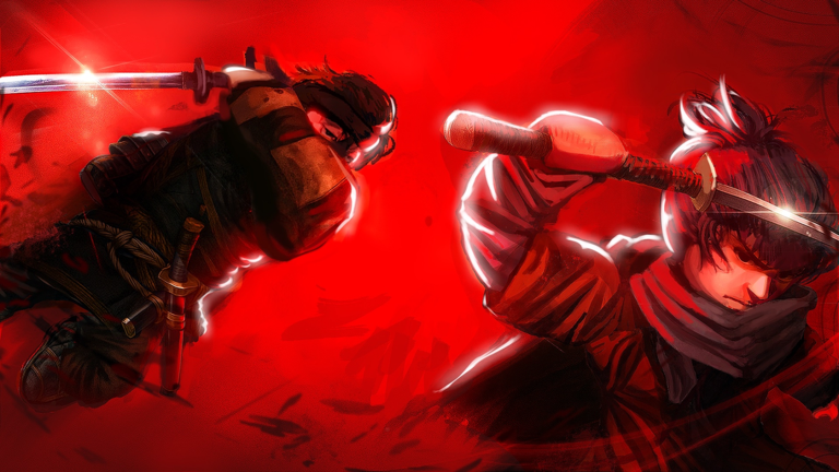 Two Dueling Grounds duelists clash with raised blades against a crimson backdrop